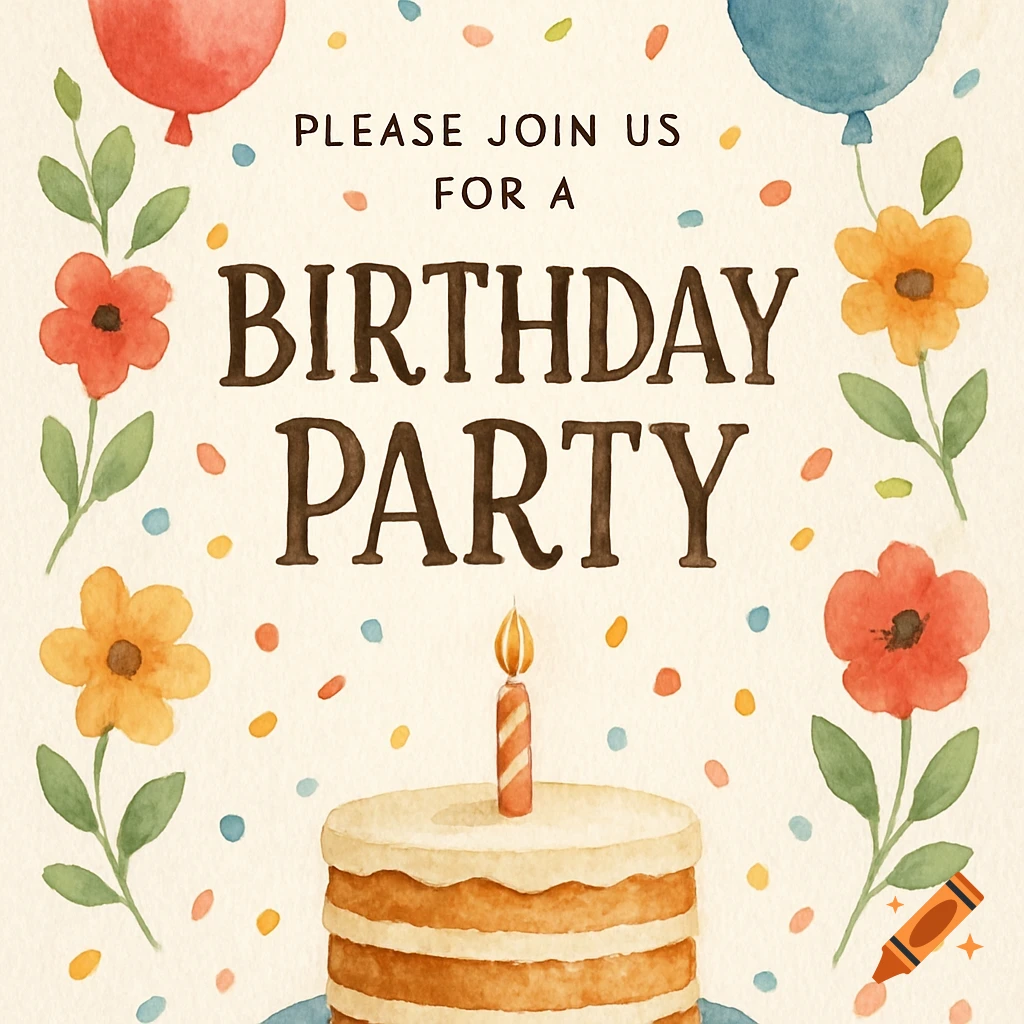 Watercolor birthday invitation with a cake, balloons, flowers, and text reading "Please join us for a Birthday Party".