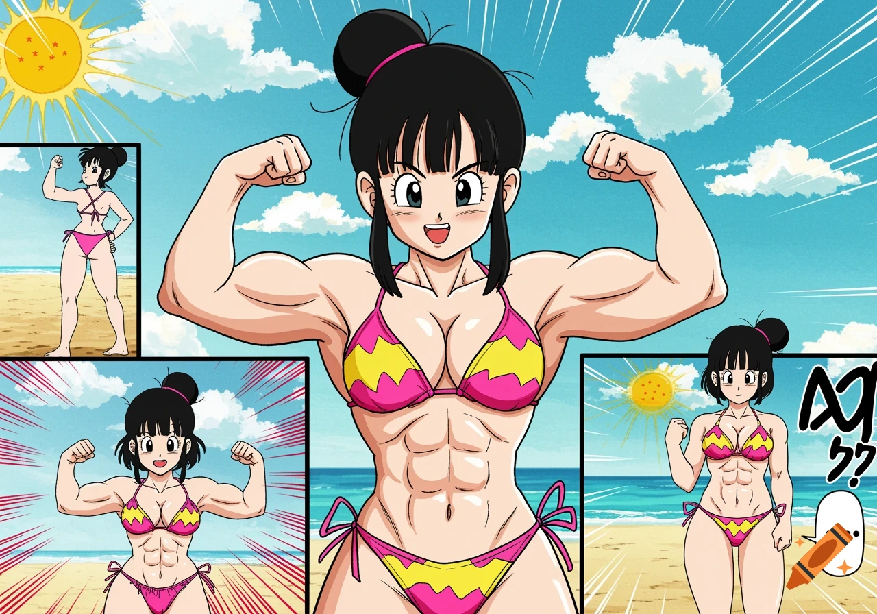 Anime comic strip of Dragon Ball Z character Chi-Chi flexing in a bikini on a beach. on Craiyon