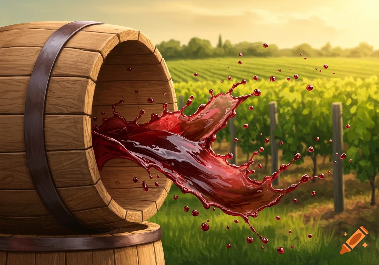 Red wine splashing out of a wooden barrel in a sunny vineyard.