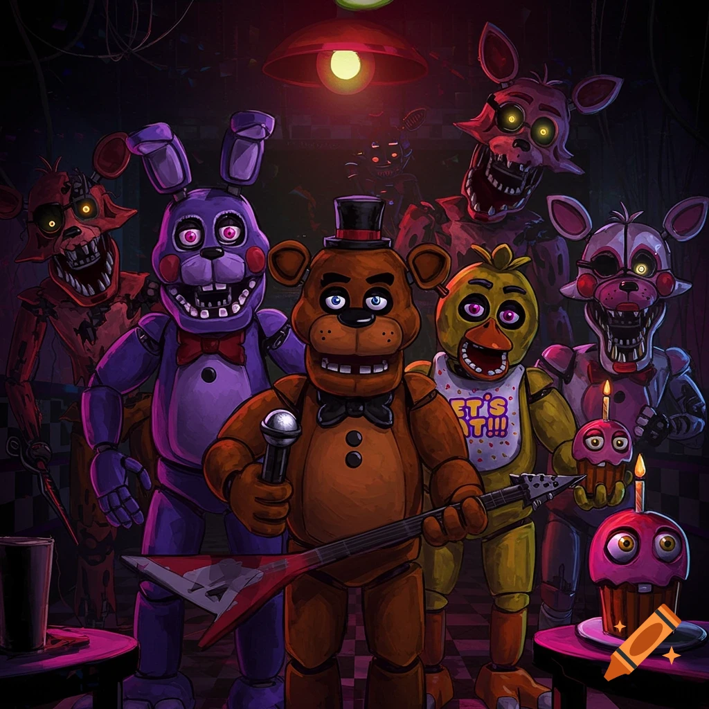 Digital illustration of Five Nights at Freddy's animatronics Freddy, Bonnie, Chica, Foxy, and Mangle posing in a dark room.