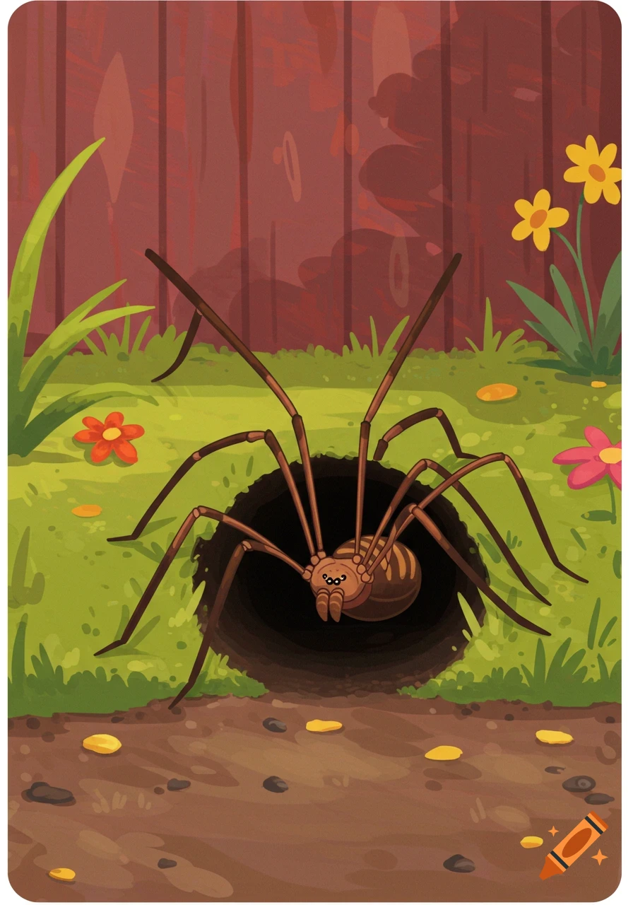 Cartoon daddy long legs spider emerging from a hole in the ground.