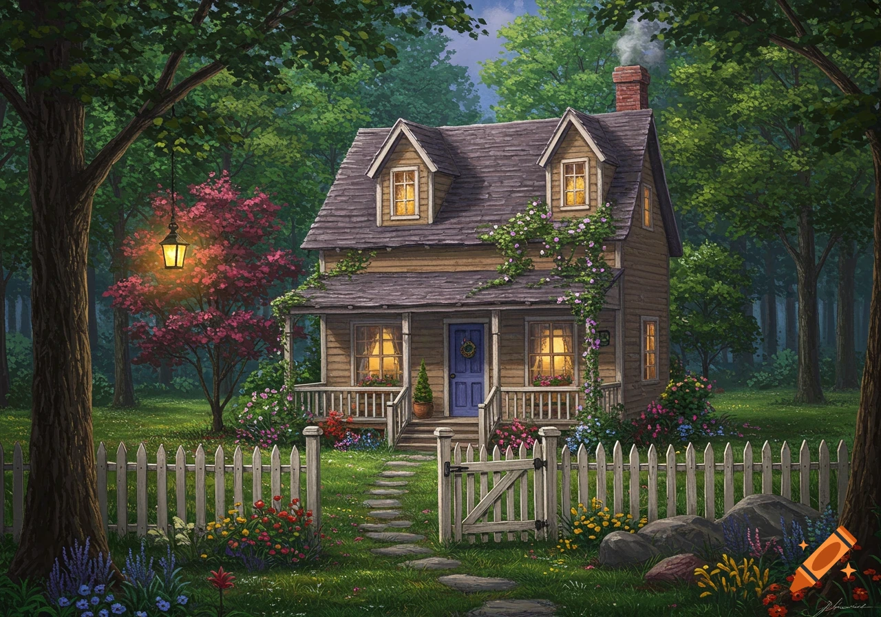A charming cottage with glowing windows sits in a clearing of a dark forest, surrounded by a white picket fence and lush, colorful flowers under a lamp.