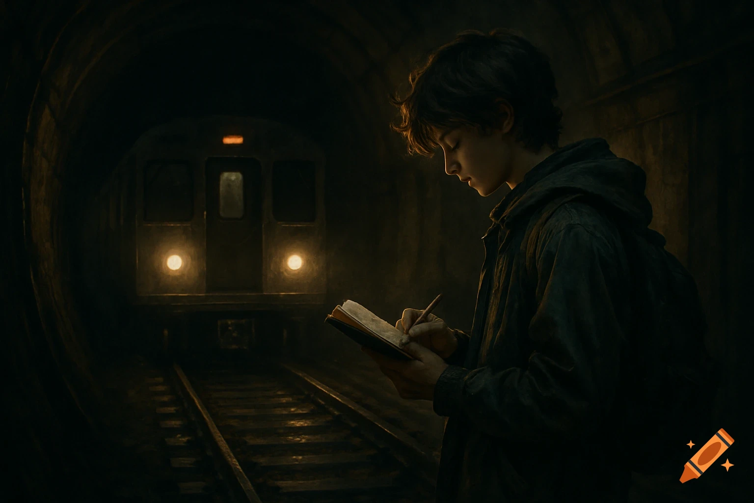 Young person writes in a journal in a dark subway tunnel as a train approaches.
