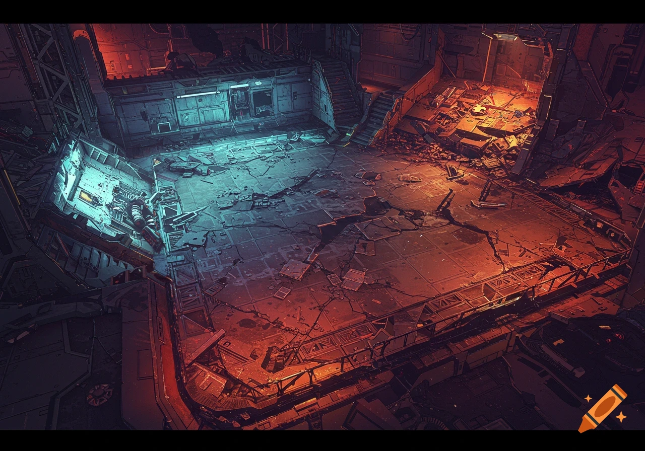 Top-down view of a ruined sci-fi battlefield with contrasting blue and red lighting.