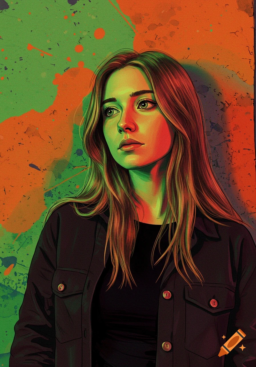 Graphic style portrait of a young woman with green and red lighting effects and splatter background.