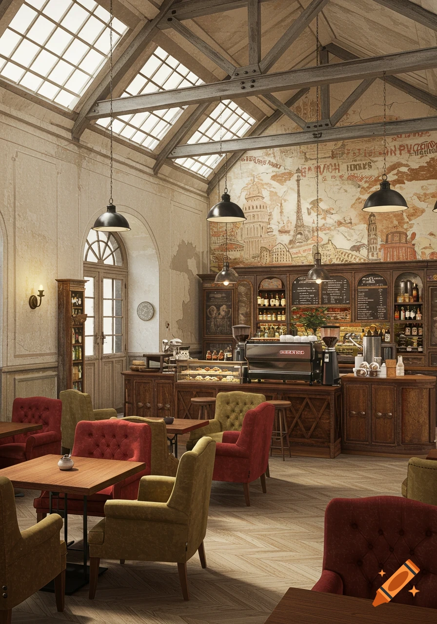 Interior view of a vintage-style coffee shop with red and green armchairs, wooden tables, a counter with coffee machines, and a mural of landmarks on the wall.