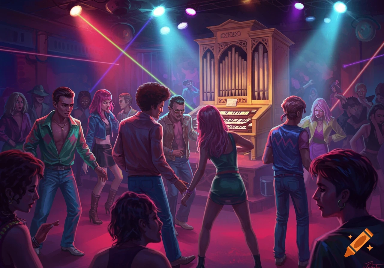 Digital painting of people dancing in a nightclub with colored lights and an organ.