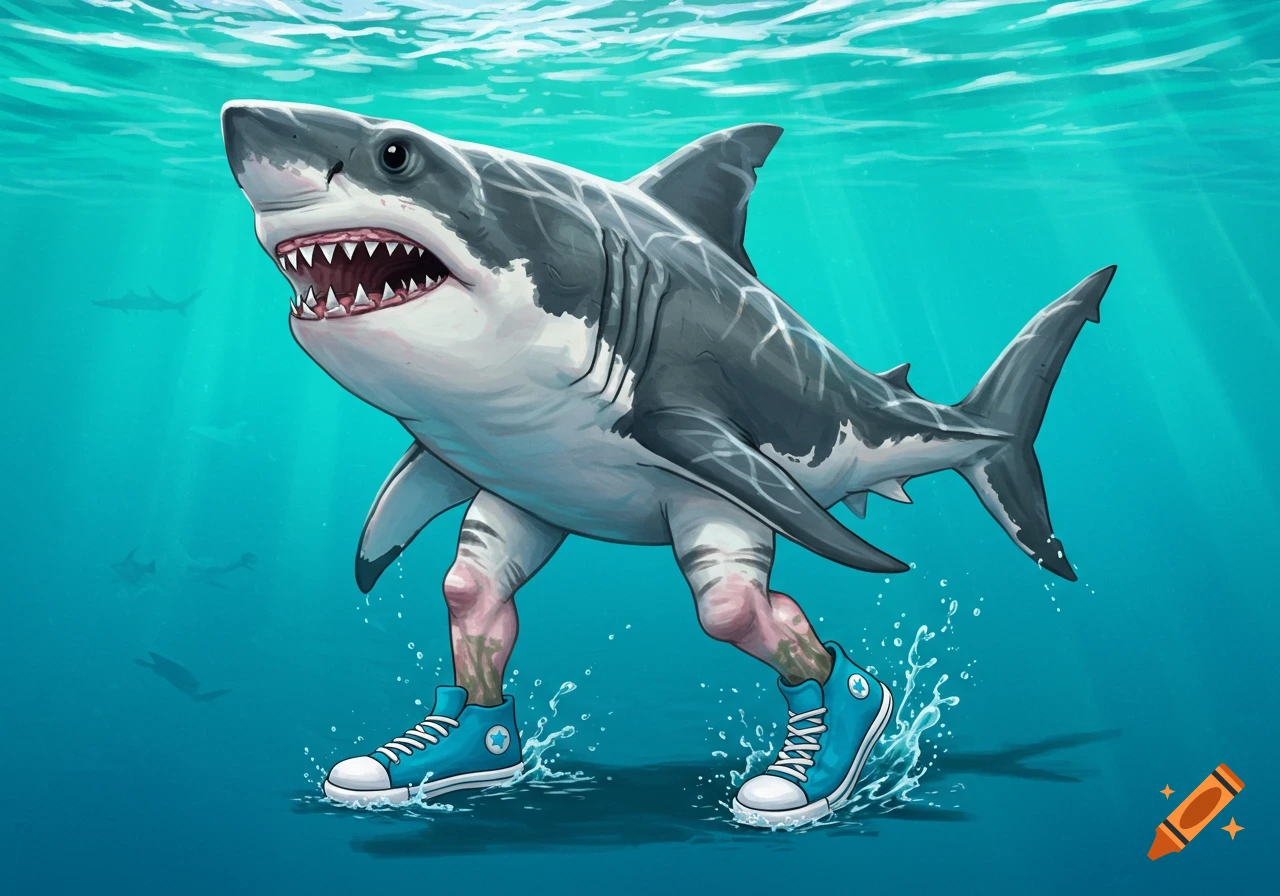 An illustration of a great white shark walking underwater on human legs wearing blue high-top sneakers.