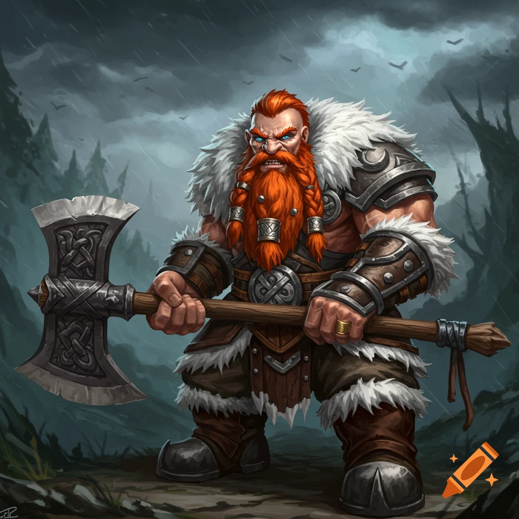 A red-headed dwarf barbarian in fur and armor, holding a large axe in a stormy forest.