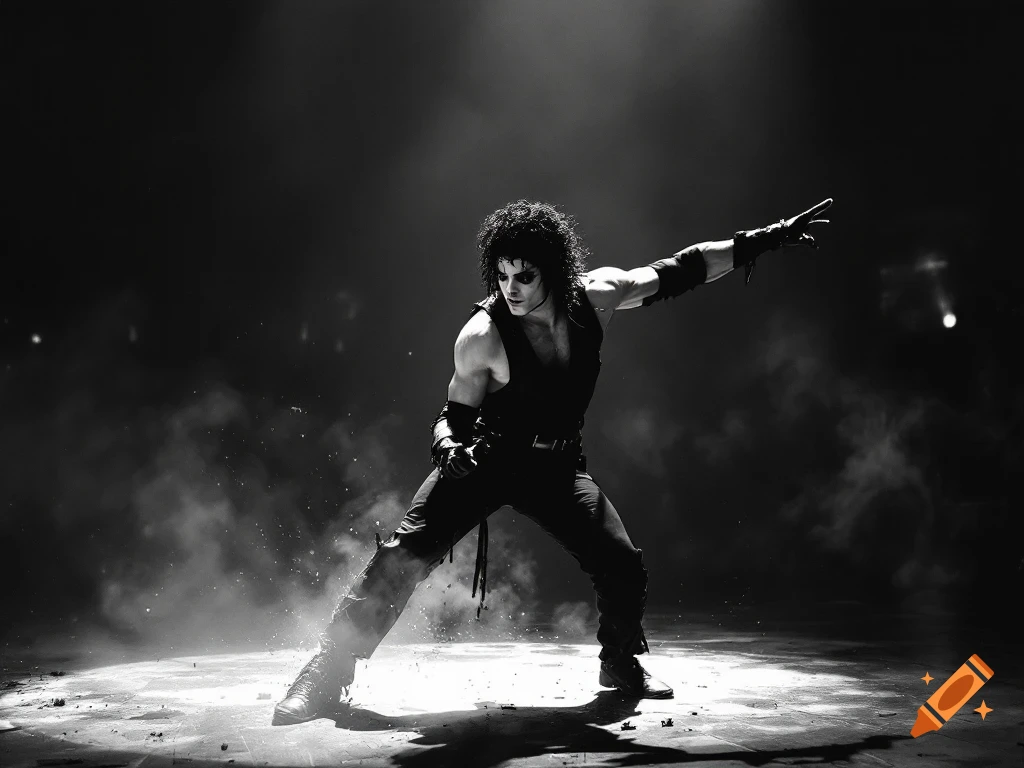 Black and white photo of a man in a dramatic pose on a smoky stage