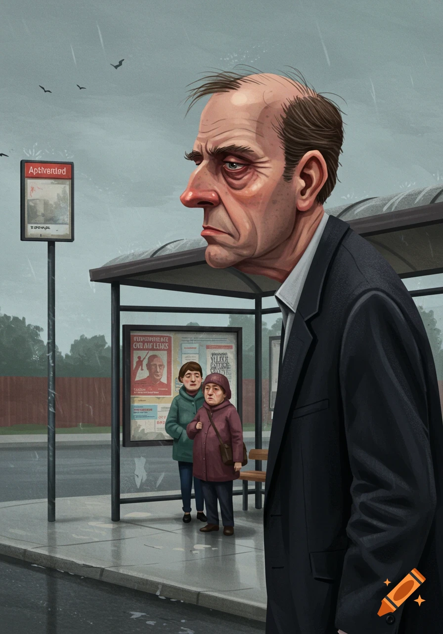 Illustrated man with a sad expression stands under a bus stop in the ...
