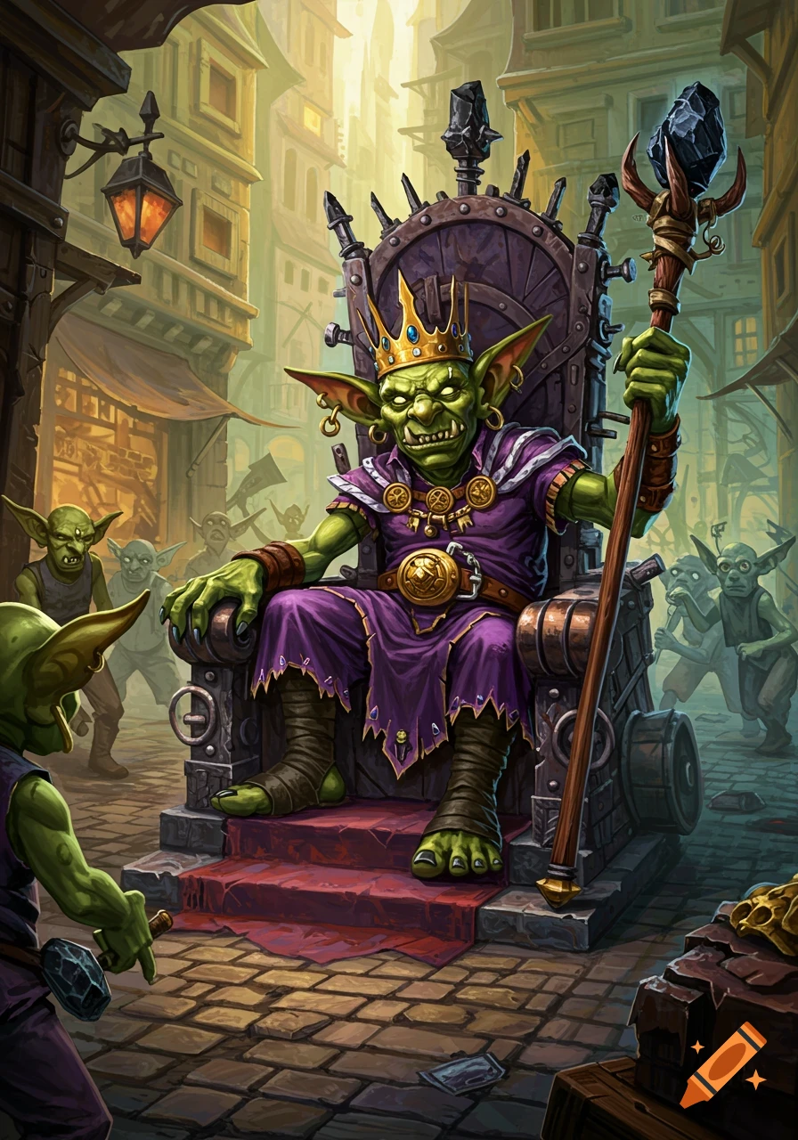 An illustration of a goblin king sitting on a throne in a crowded street, holding a staff.