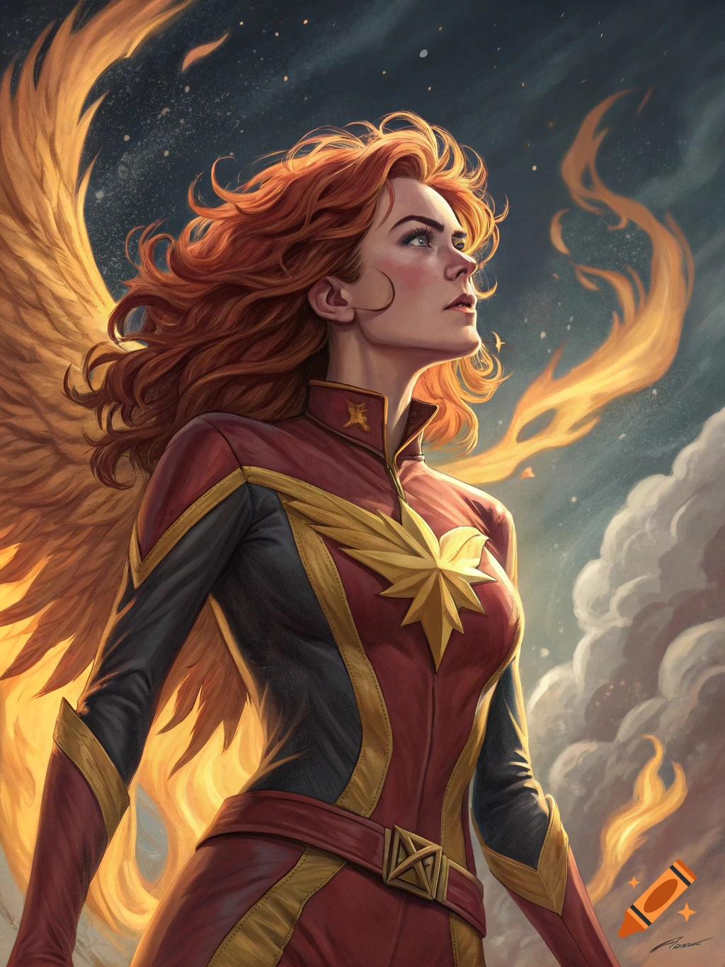 Illustration of a woman with red hair and fiery wings in a superhero ...