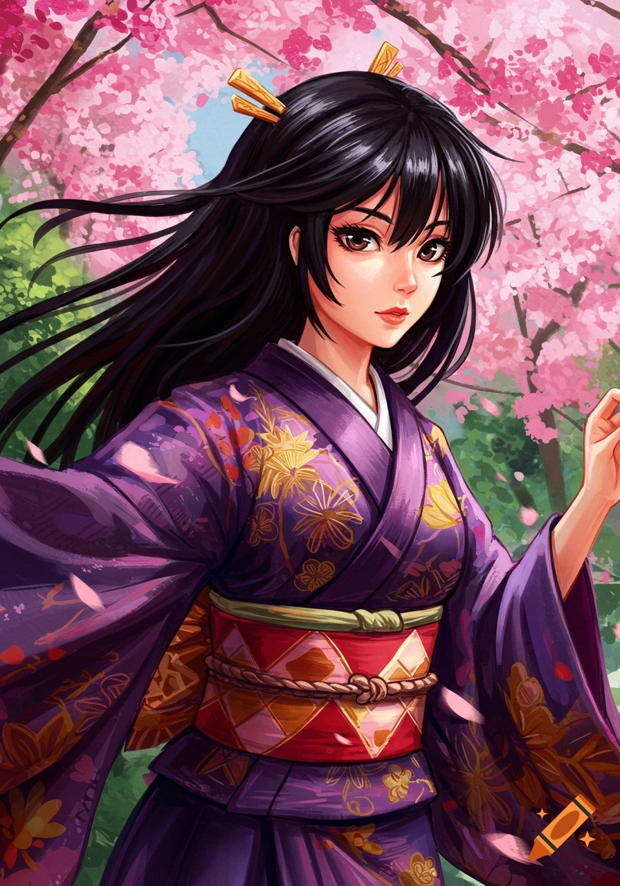 A woman in a purple kimono stands under cherry blossom trees. Anime style illustration.