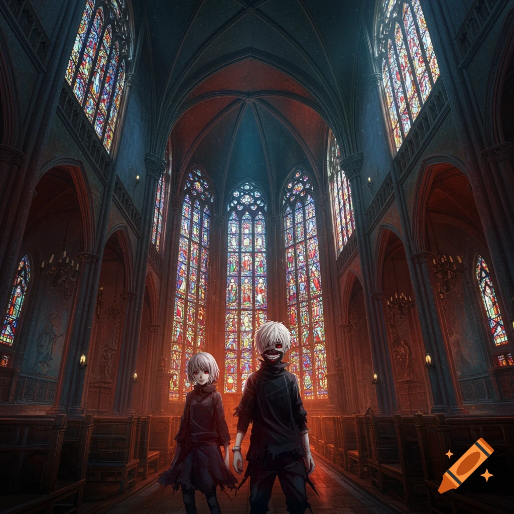 Two anime characters resembling Tokyo Ghoul characters stand in a dark cathedral with stained glass windows.