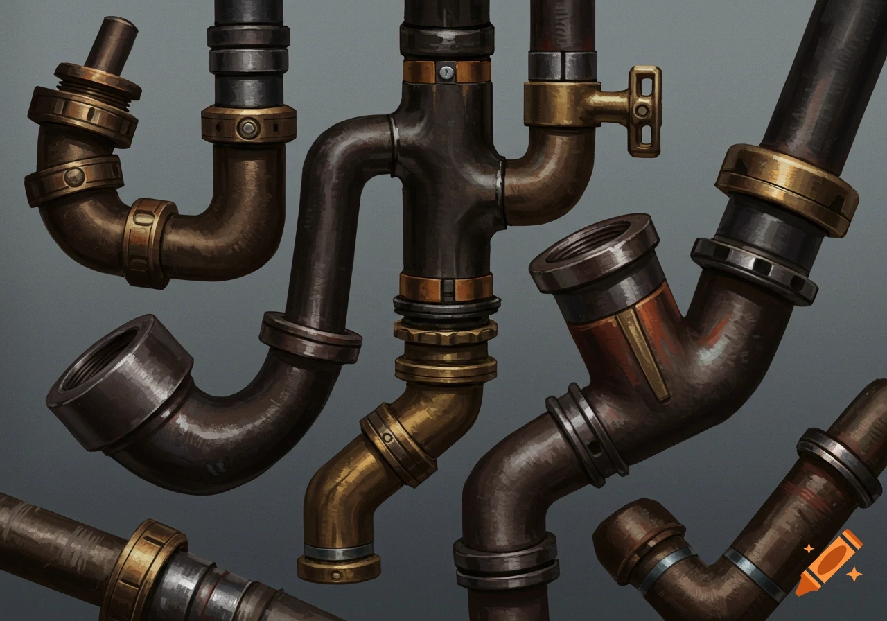 Close-up view of overlapping brown and brass pipes and fittings in an industrial or steampunk style.
