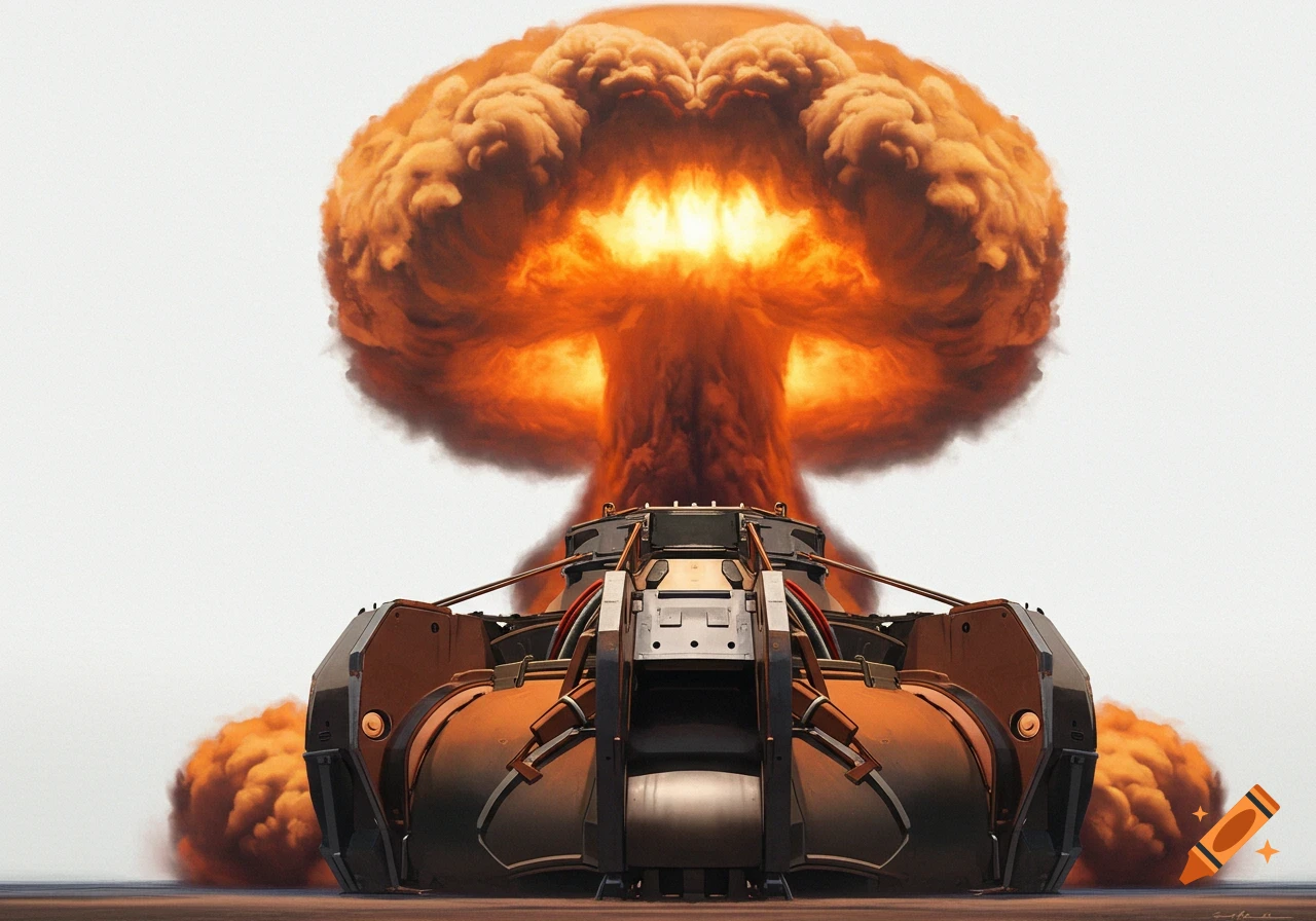 A large mushroom cloud billows above a complex metallic device.