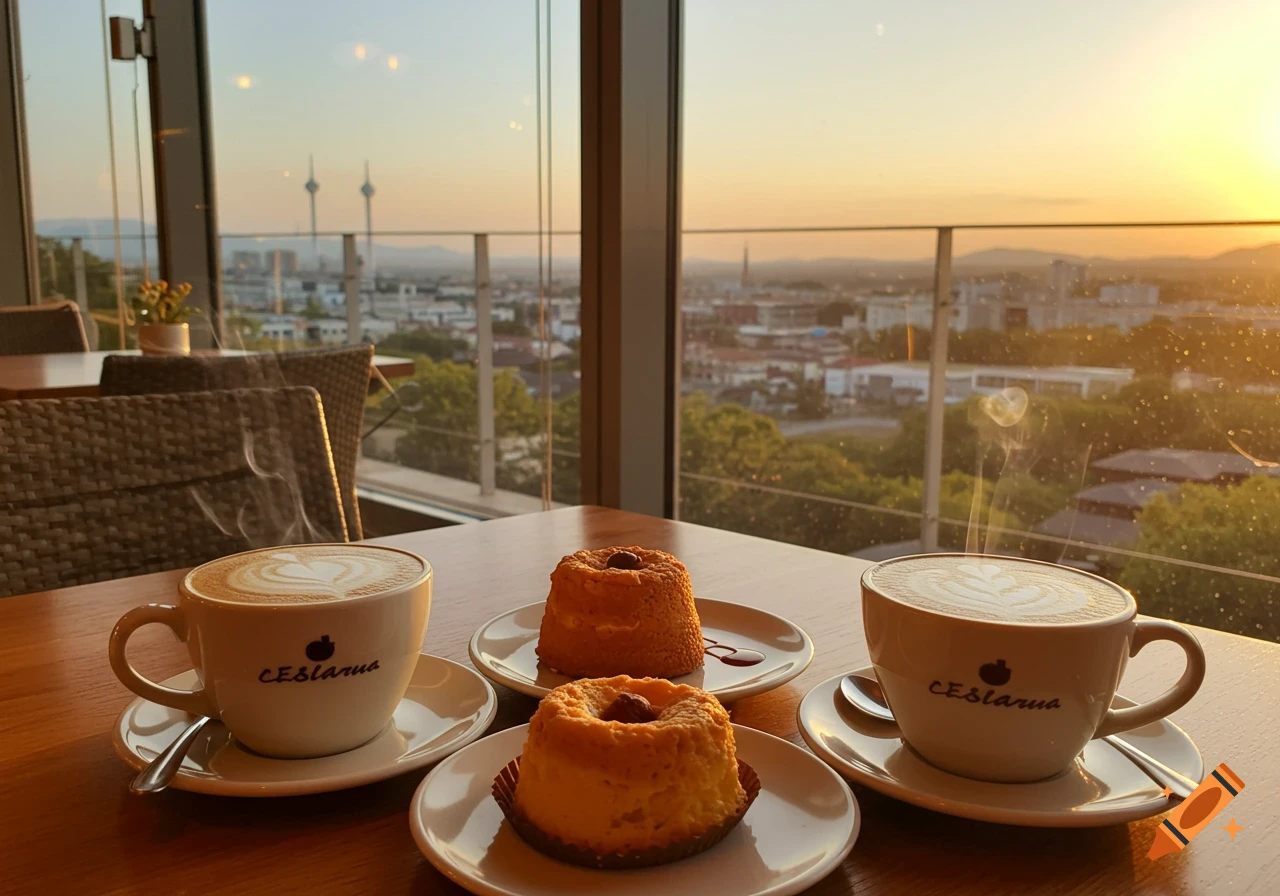 Two cappuccinos with latte art and two small cakes on a table overlooking a city at sunset.