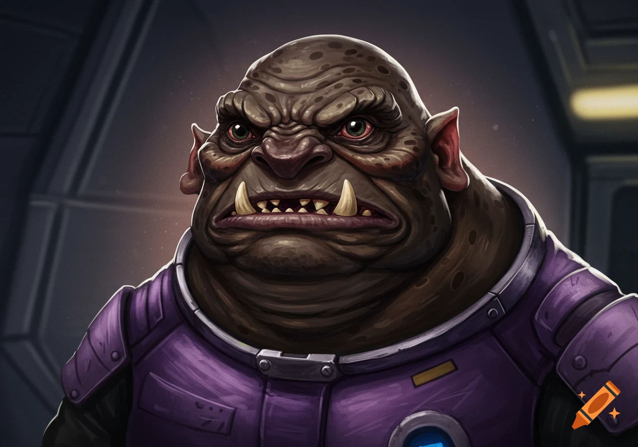 Detailed portrait of a brown alien creature in a purple sci-fi uniform.