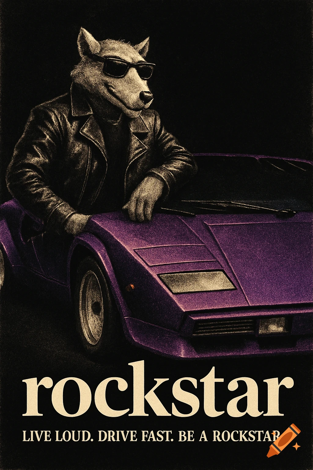 An illustration of a wolf in sunglasses and a leather jacket