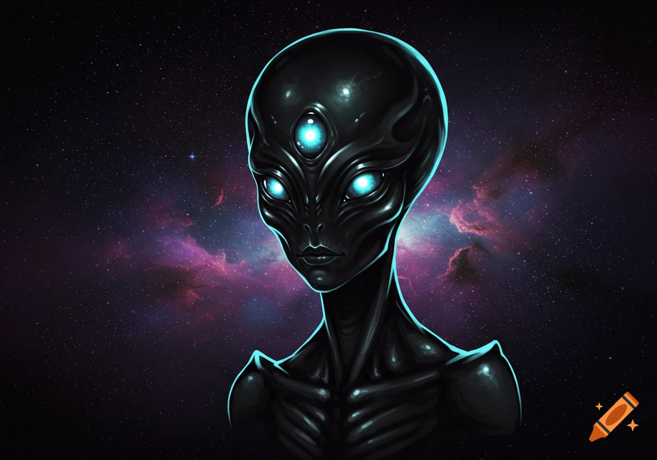 A stylized black alien with three glowing blue eyes against a starry cosmic background.