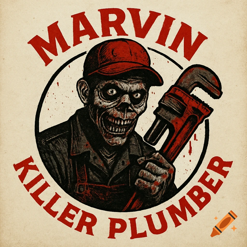 Horror logo of a zombie plumber holding a wrench, with text 'MARVIN KILLER PLUMBER'.