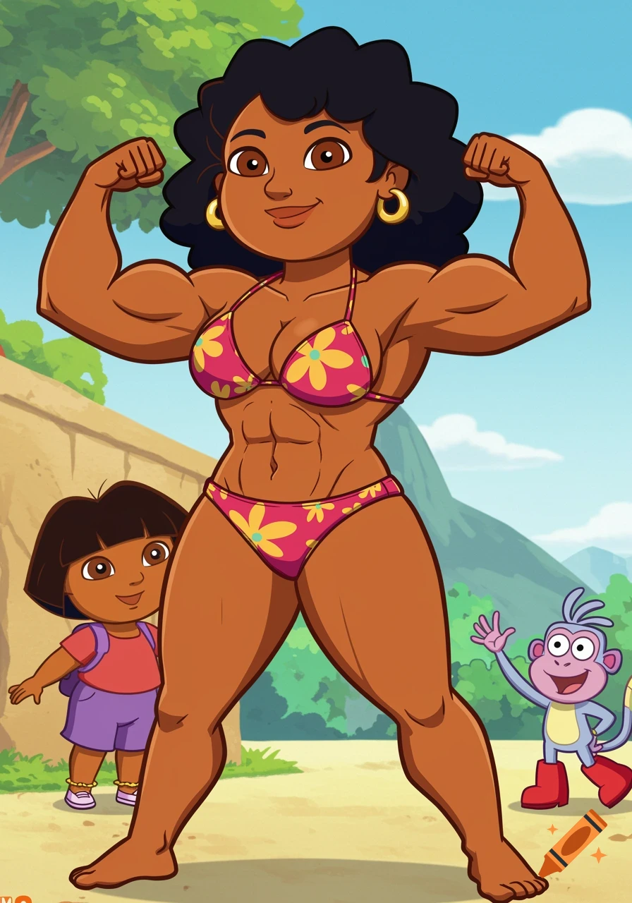 Muscular cartoon woman in a pink bikini flexing her arms, with Dora the Explorer and Boots the monkey in the background.