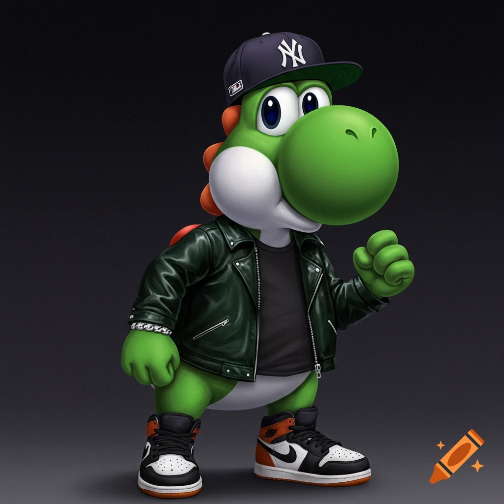 Yoshi wearing a leather jacket, black t-shirt, Yankees hat, and Air Jordan sneakers.