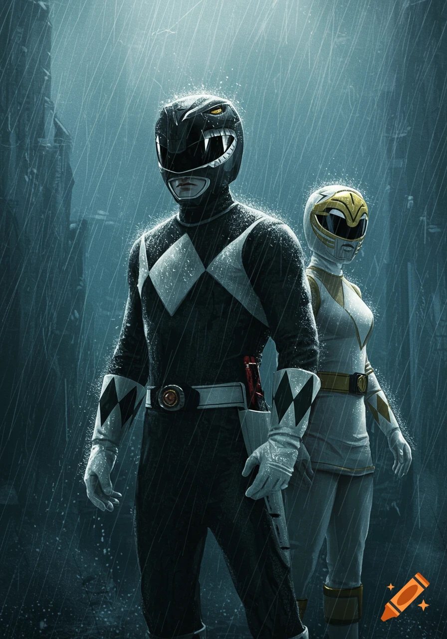 Black and White Power Rangers stand in heavy rain on a city street, photorealistic style.
