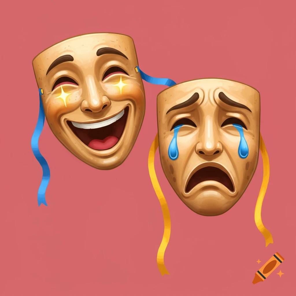 Detailed illustration of comedy and tragedy theatre masks with ribbons.