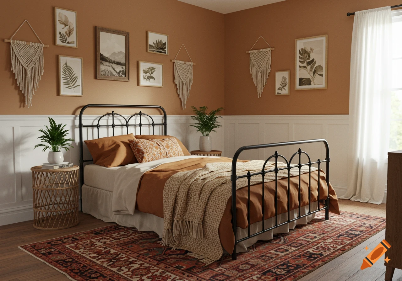 A boho bedroom with terra-cotta walls, a black iron bed, patterned bedding, and framed botanical and landscape art on the wall.