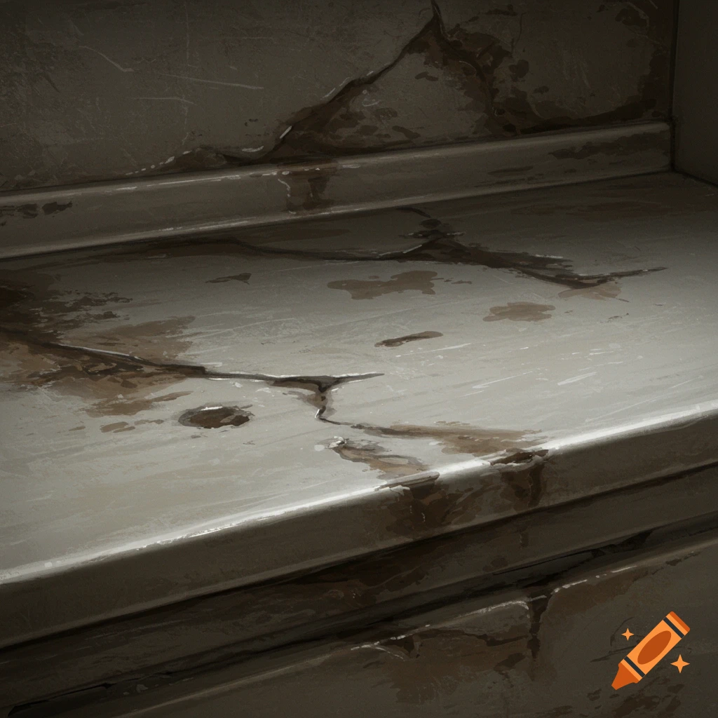 Close-up of a cracked and stained countertop with liquid spills