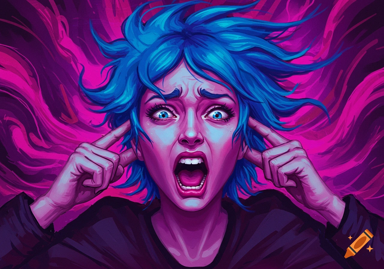 Stylized portrait of a screaming woman with blue hair and fingers in her ears against a vibrant background.