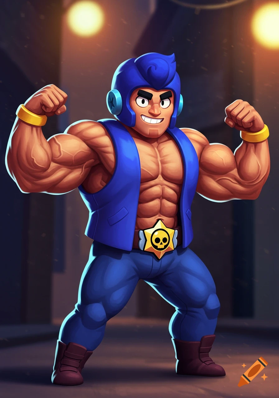 A muscular, stylized character with a blue helmet and vest flexing his arms.
