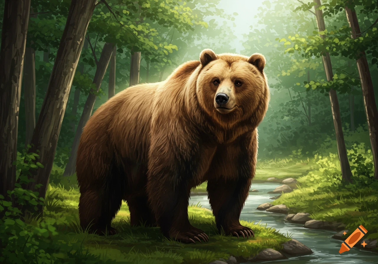 A brown bear stands by a stream in a lush forest.
