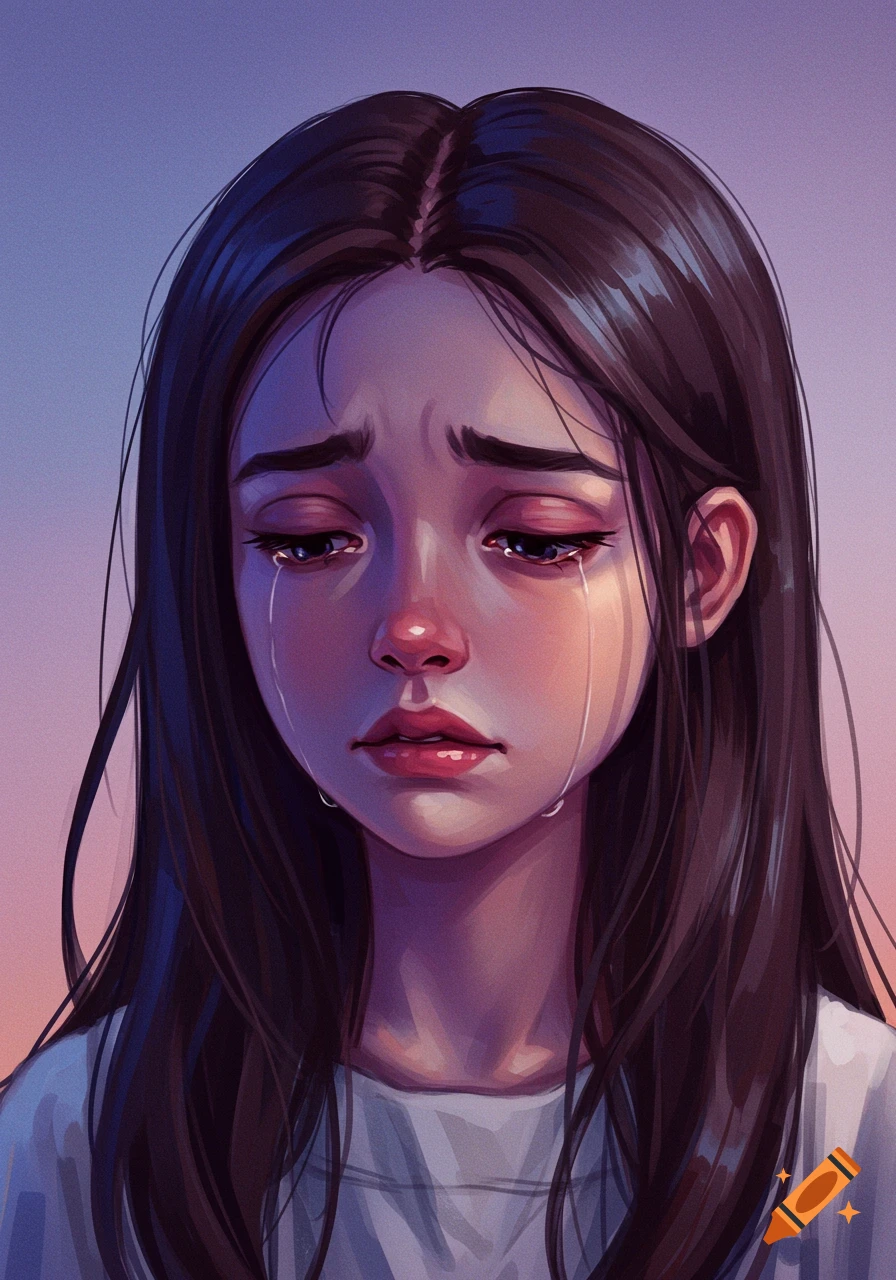 A digital illustration portrait of a young woman with dark hair crying.
