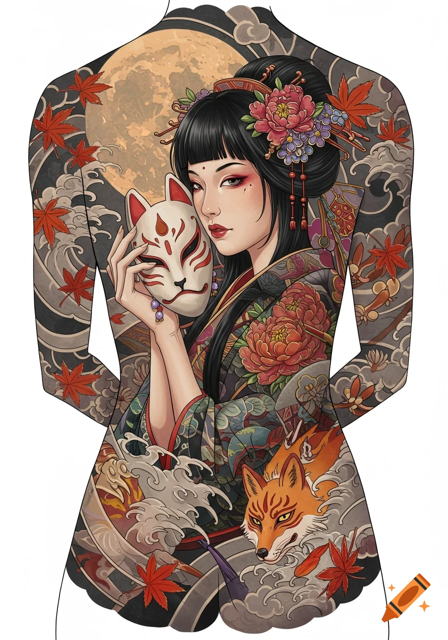 Japanese woman with kitsune mask, surrounded by maple leaves, waves, and a fox, in a tattoo style.