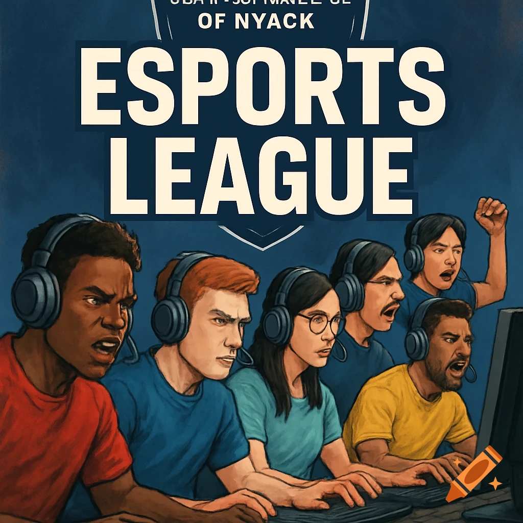 Illustration of diverse young people playing esports with text 'ESPORTS LEAGUE OF NYACK'