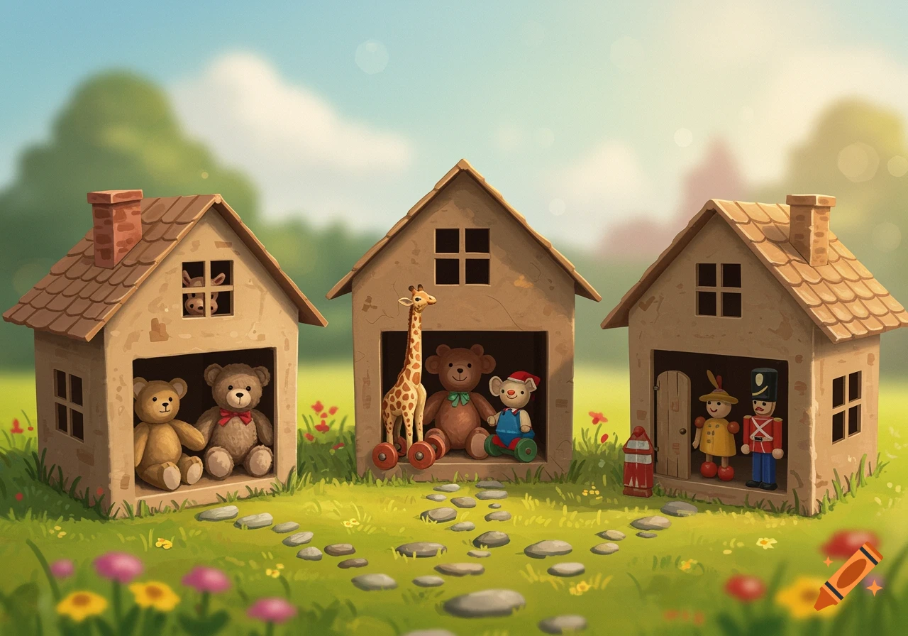 Three toy-filled cardboard houses in a sunny field