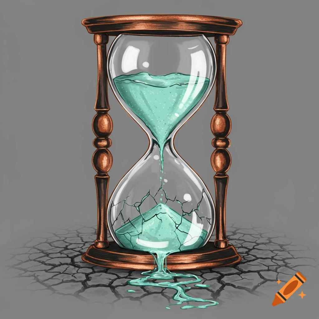 An hourglass with water leaking from a cracked bottom onto dry ground