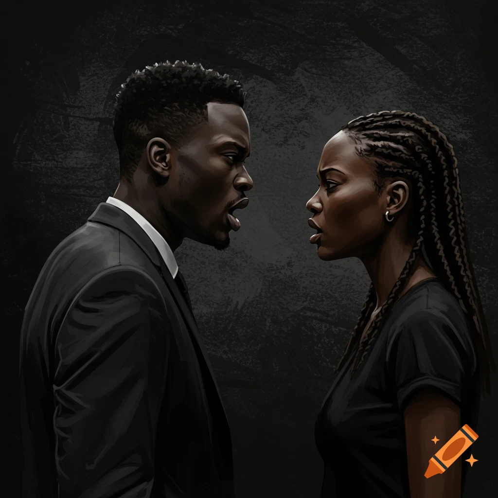 Painterly portrait of a Black man and a Black woman facing each other, appearing to argue.