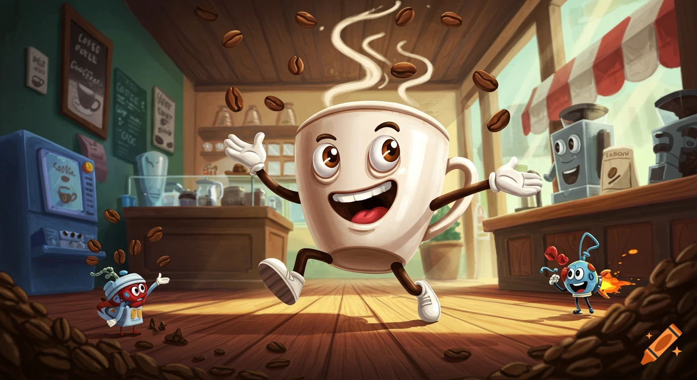 A happy anthropomorphic coffee cup leaps while coffee beans fall around it in a cartoon coffee shop scene.