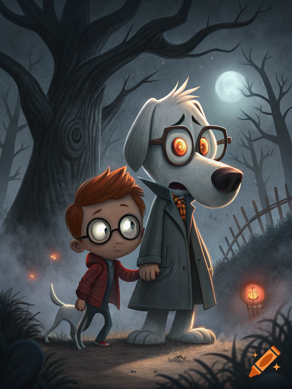Cartoon boy and dog looking scared in a dark, spooky forest at night