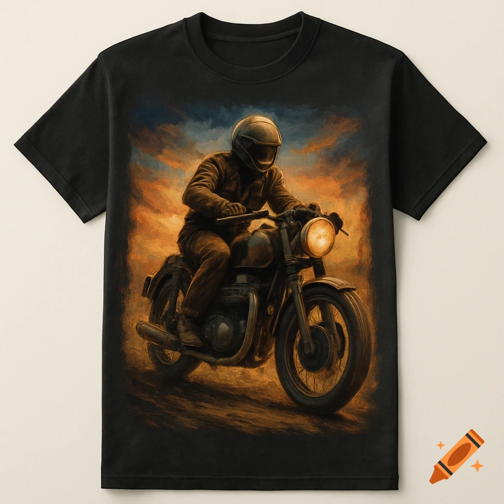 Painterly graphic of a person riding a motorcycle on a black t-shirt.