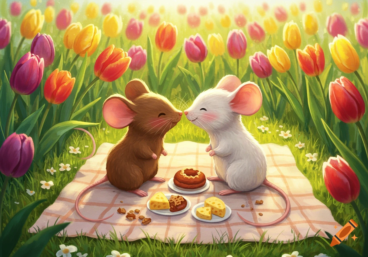 Two cute mice kiss on a picnic blanket in a sunny field of colorful tulips.