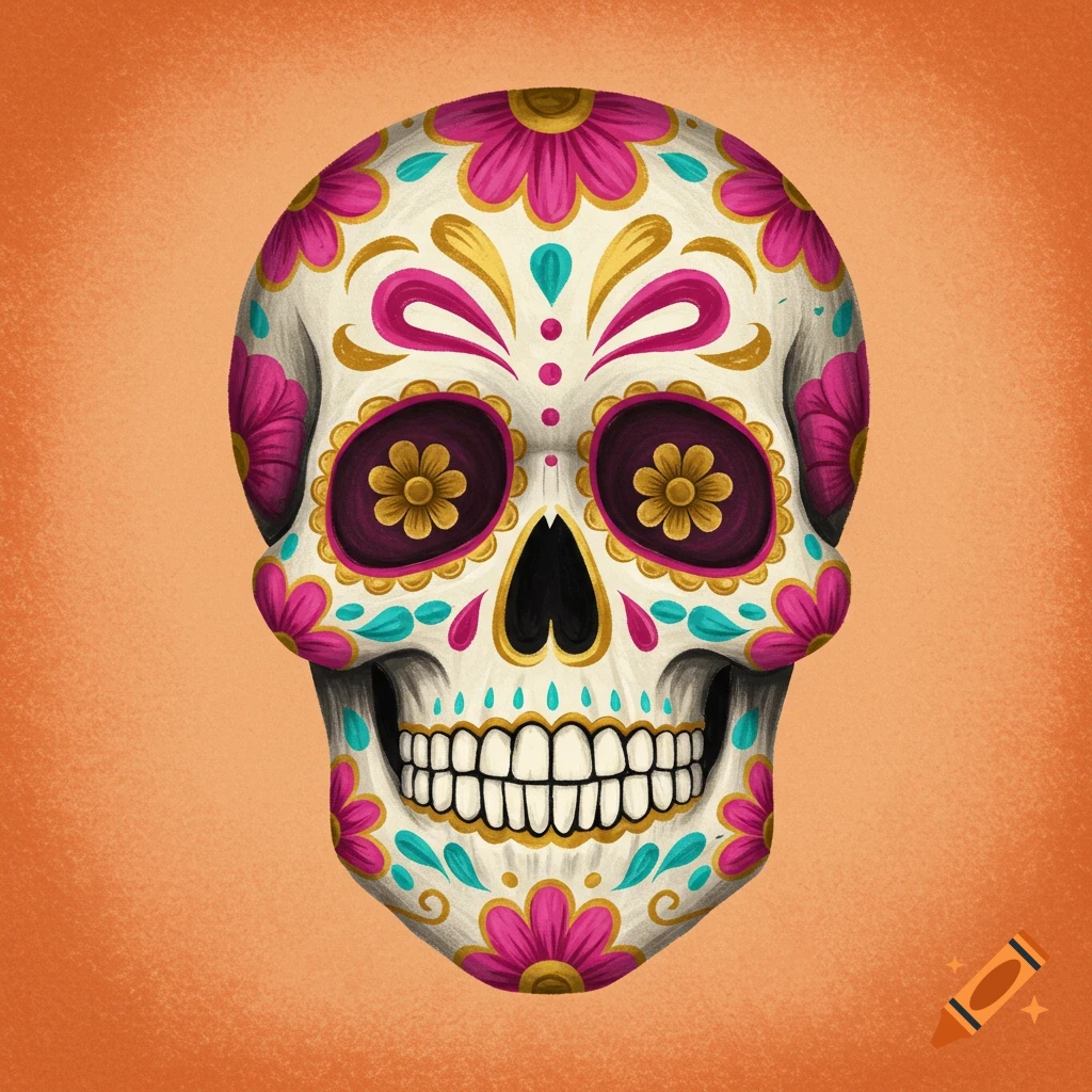 A colorful, decorated calavera skull on an orange background.