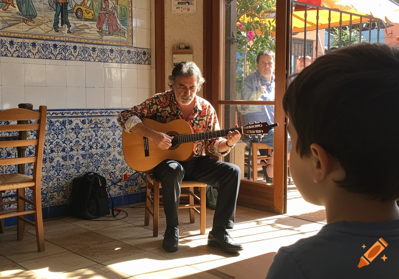 A man plays guitar in a cafe with tiled walls as a young boy watches.