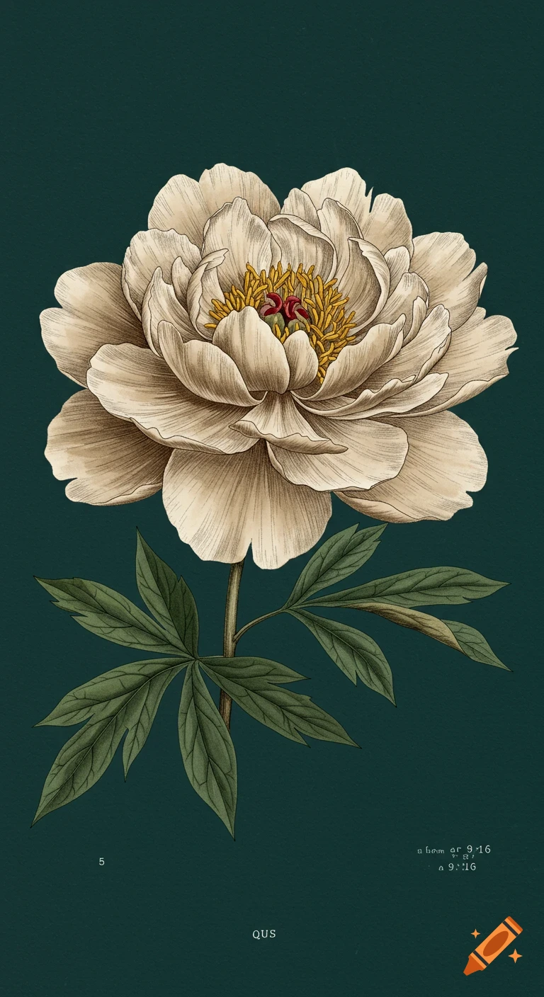 Detailed vintage botanical illustration of a cream peony flower on a dark teal background.
