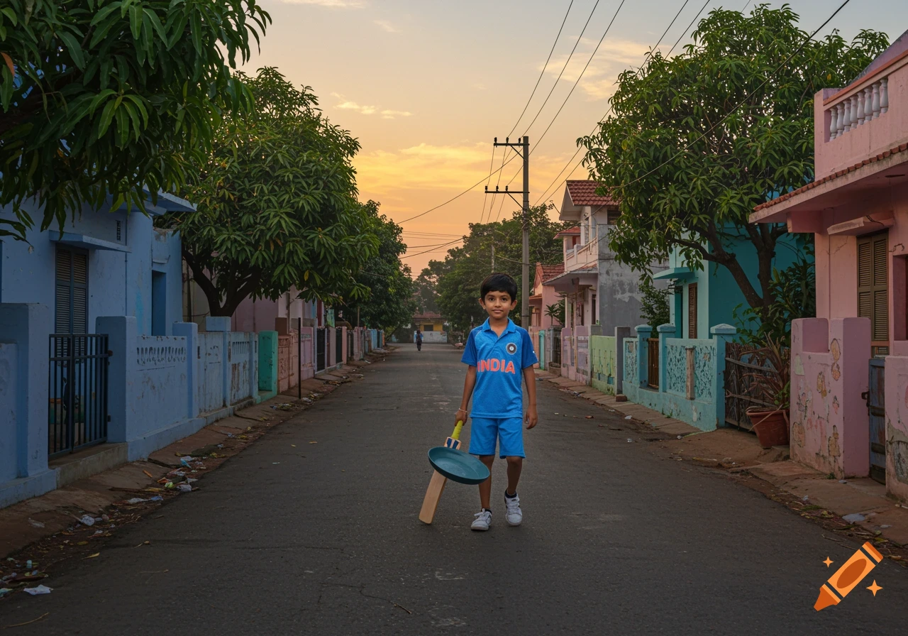 A boy in an India cricket jersey holds a bat and pan on a street with colorful houses at sunset.