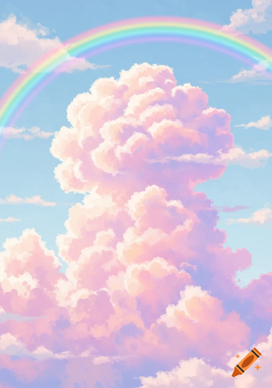 Soft pink and purple clouds in a blue sky with a rainbow.